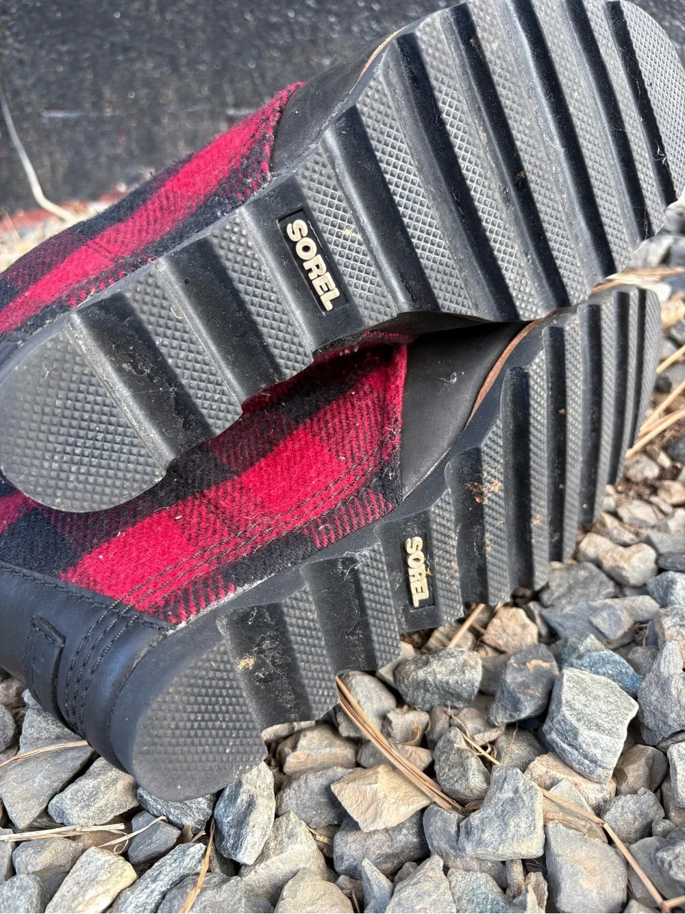 Sorel Black Leather and Red Buffalo Plaid Wedge Lace-Up Boots